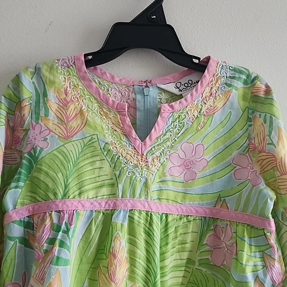 RARE Vintage Lilly Pulitzer Baby Girl Dress - Tropical Floral & Pink Trim Sz 6 M